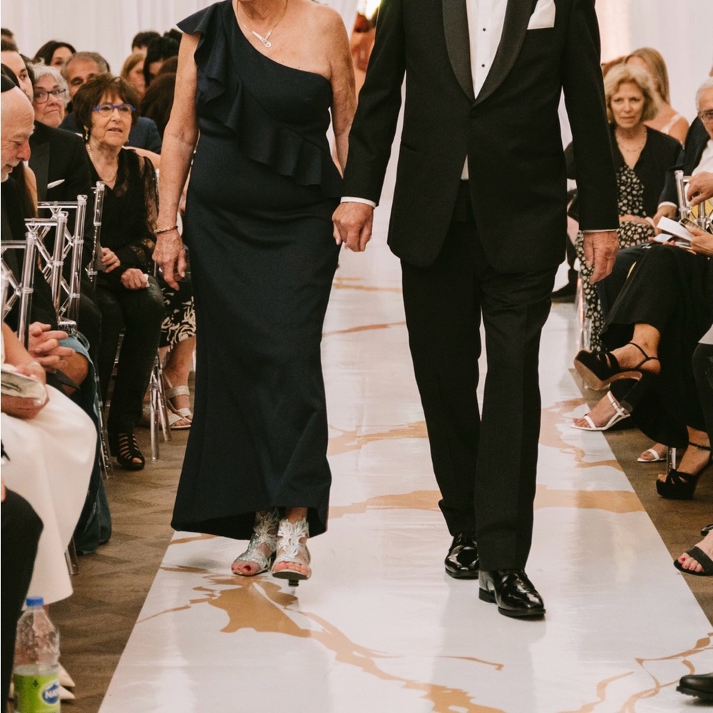 Jessica Howard | navy off the shoulder high low gown size 10